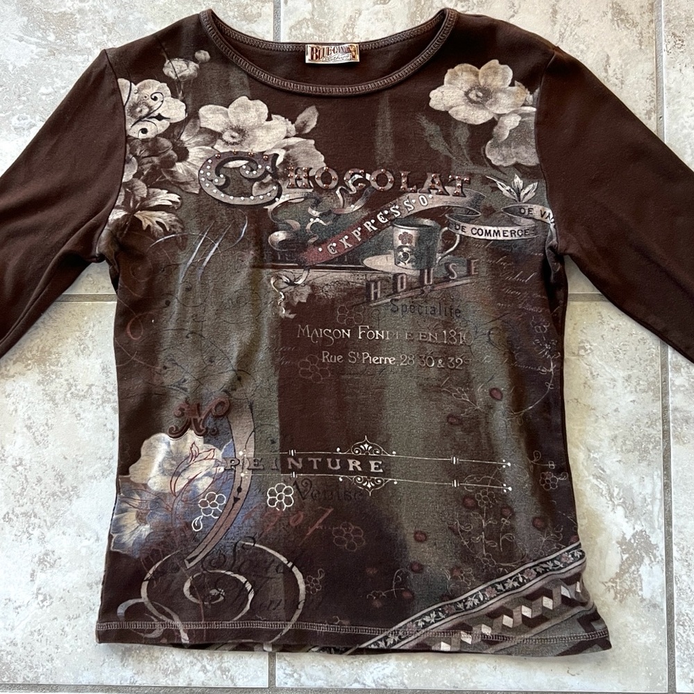 Vintage Retro Y2K Embellished Brown Knit Blue Canyon Clothing Top 3/4 Sleeves - Picture 7 of 9